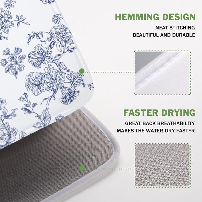 Blue Floral Dish Drying Mat for Kitchen Counter Chinoiserie Flower Microfiber Dish Drainer Mat Vintage Rustic Elegant Absorbent Washable Drying Pad Extra Large 16"x18"