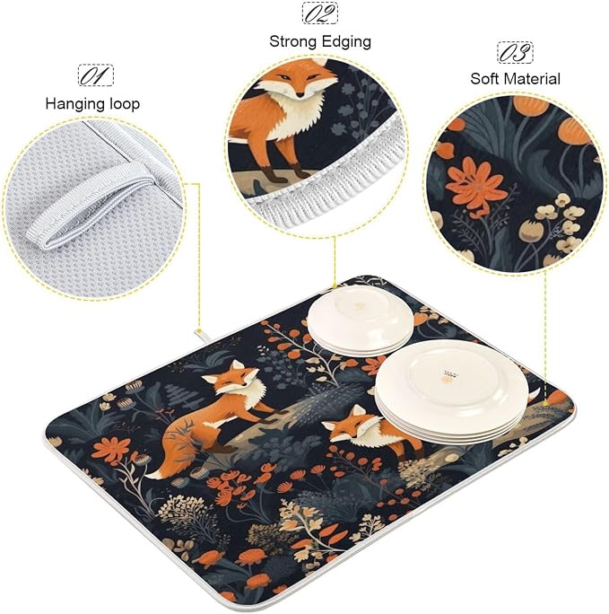 Dish Drying Mat Kitchen Counter Absorbent Two Foxes Coffee Sink Mat Dish Drainer Pad 18 Inch x 16 Inch