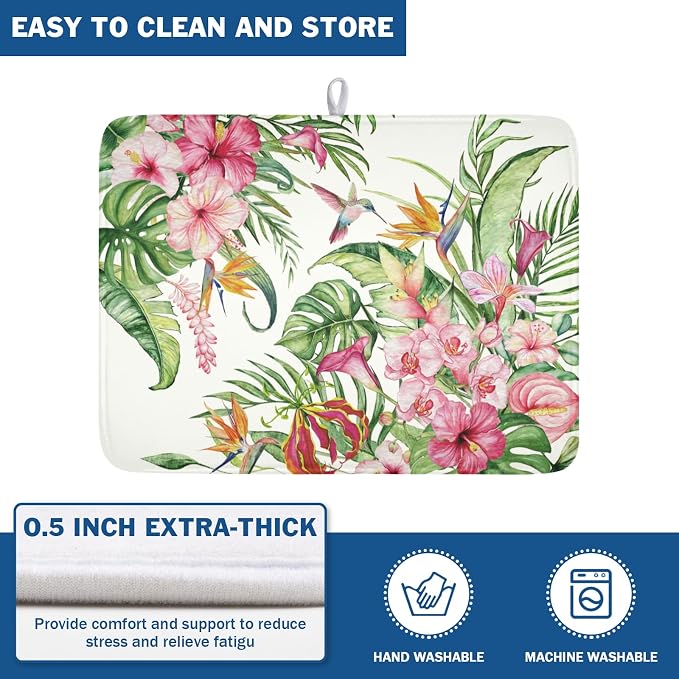 Floral Hibiscus Dish Drying Mat for Kitchen Counter 18x24 Inch | Floral，Polyester，Absorbent Microfiber，for Coffee Dining Bar Decor