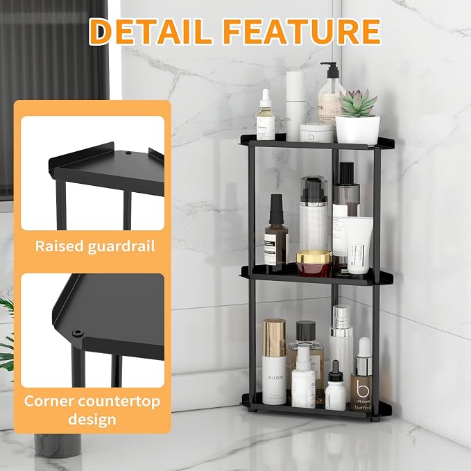 Jesginboo 3 Tier Bathroom Counter Organizer, Vanity Organizer Corner Shelf | Skincare, Makeup Countertop Organizers, Kitchen, Bathroom Counter Storage, Black