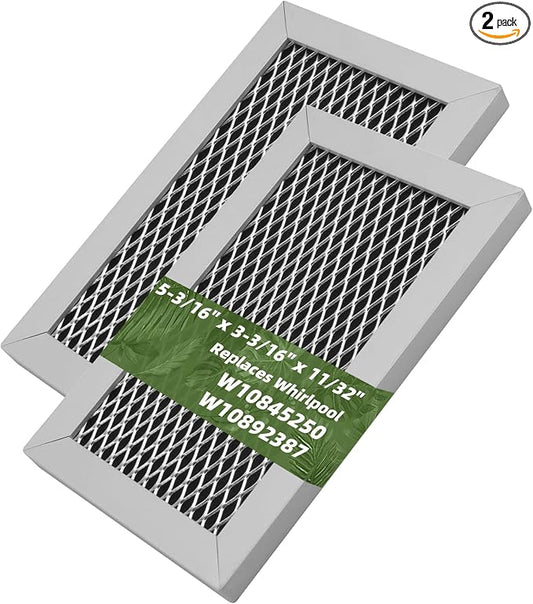 2-Pack of W10845250 & W10892387 Microwave Charcoal Filters for Whirlpool, Maytag, Amana, IKEA Over The Range Microwaves. Measuring 5-1/4”x 3-1/4”x3/8” Compatible With # 4455038 AP6036051 PS11769323