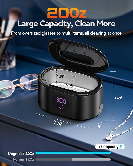 BYASKZIV Ultrasonic Jewelry Cleaner, 48KHz Ultrasonic Cleaner Machine with 20oz 304 Stainless Steel Tank, Dual Modes & LED Display - for Jewelry, Eyeglasses, Watches, Dentures, Retainers & More-Black