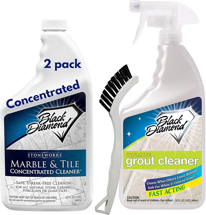Black Diamond Stoneworks Ultimate Grout Cleaner with Brush + Marble & Tile Cleaner (2-Pack) – Safe for Natural Stone, Acid Free Deep Cleans Grout, Restores Shine to Marble, Granite, Travertine & Tile
