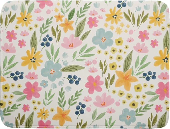 Spring Easter Floral Dish Drying Mat for Kitchen Counter 18x24 Green Pink Yellow Blue Cute Flower Print Absorbent Reversible Microfiber Drying Mats Kitchen Countertop Protector Dishes Drainer Pad