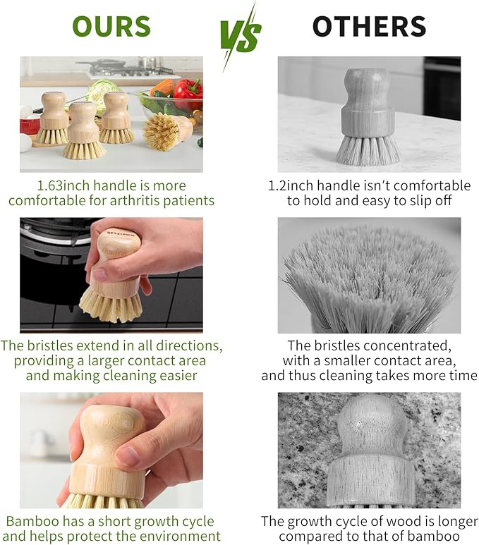 4 Pack Bamboo Dish Brush, Dish Scrubber Brush with Sisal Bristle, Natural Scrub Brush for Kitchen Cleaning Dishes, Pots, Pans, Bottles, Vegetables