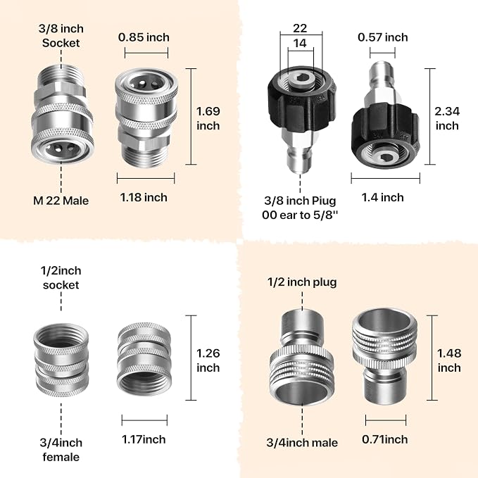 Twinkle Star Pressure Washer Adapter Set, Stainless Steel, 9 Sets | Quick Disconnect Kit, M22 14mm Quick Connect Swivel to 3/8" Fittings, 3/4" to Quick Release