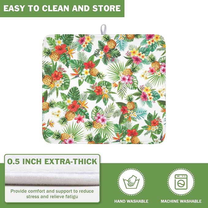 Summer Tropical Dish Drying Mat for Kitchen Counter Hawaii Palm Leaves Floral Pineapple Microfiber Dish Drainer Mat Rustic Absorbent Washable Drying Pad Extra Large 16"x18"
