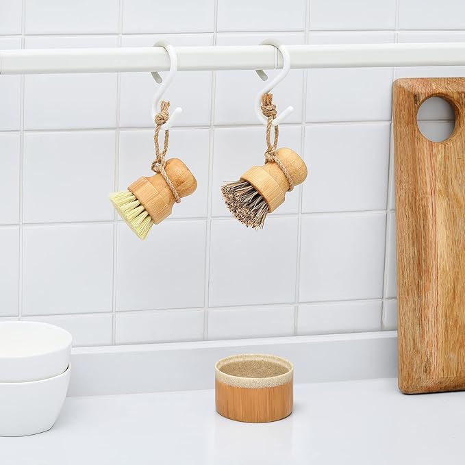 SUBEKYU Bamboo Dish Brush Set with Soap Holder, Wooden Dish Scrubber with Soap Dispenser, Natural Kitchen Scrub Brush, Washing Pot/Pans/Cast Iron, 2 Pack, Sisal + Coconut Palm Bristles
