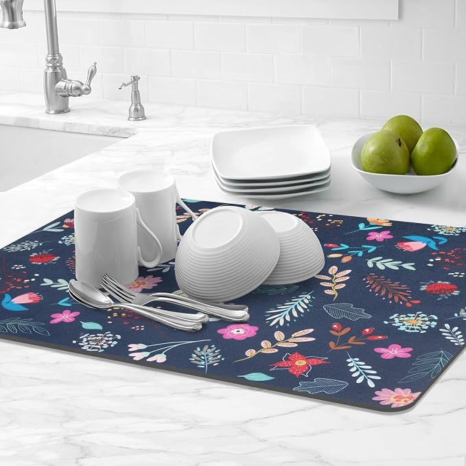 LOKHOM Dish Drying Mat for Kitchen Counter, 18"x24" Absorbent Coffee Bar Mat with Colorful Floral, Vintage Dish Drainer Rack Mat