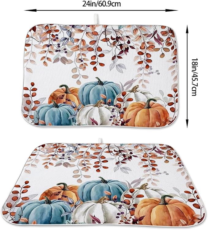 Fall Dish Drying Mat 18 x 24 Inch Autumn Maple Leaf Pumpkin Drying Mat for Kitchen Counter Absorbent Farmhouse Harvest Thanksgiving Dishes Dry Pad for Drainer Rack Kitchen Fast Dry