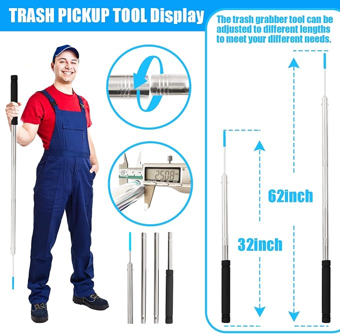 Trash Picker Upper Grabber Extra Long,62 Inch Trash Pickup Tool Heavy Duty Stainless Steels Tip Lightweight Reinforcement Debris Nabber Litter Picker Grabber Durability Sponge Handle