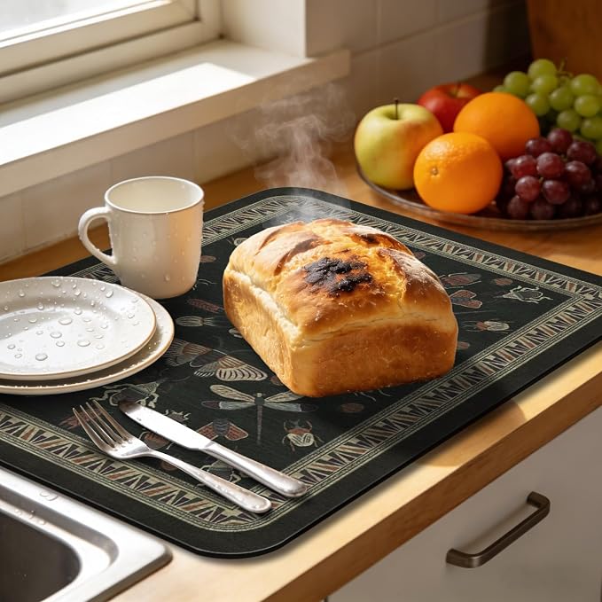 Dish Drying Mat, Vintage Rustic Boho Kitchen Dishes Absorbent Pad, 12x20in | Eco-friendly diatomite with non-slip rubber backing. Super absorbent mat for kitchen counters, coffee bars & sinks