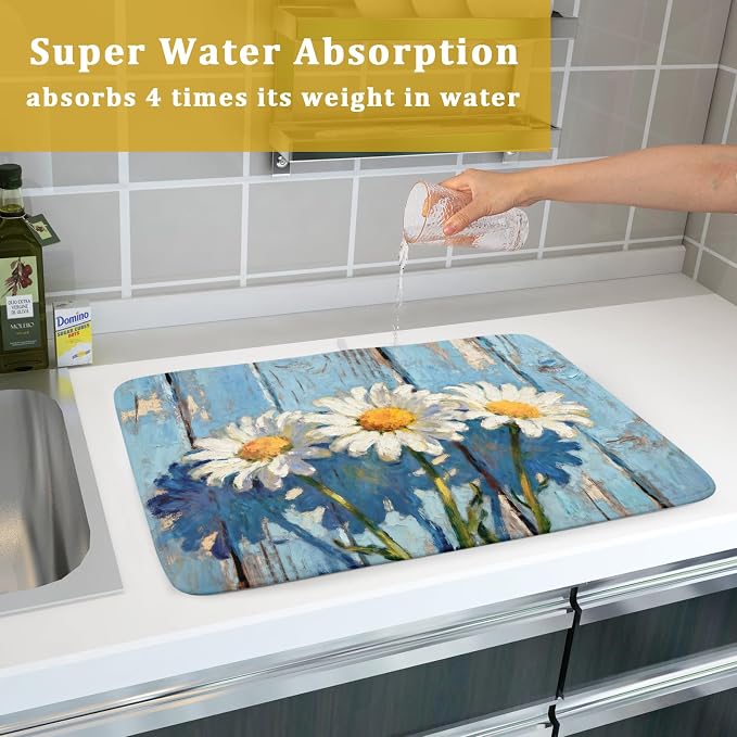 Daisy Dish Drying Mat for Kitchen Counter 18x24, Spring Summer Cute Flower Decorative Absorbent Reversible Microfiber Kitchen Countertop Protector Dishes Drainer Pad