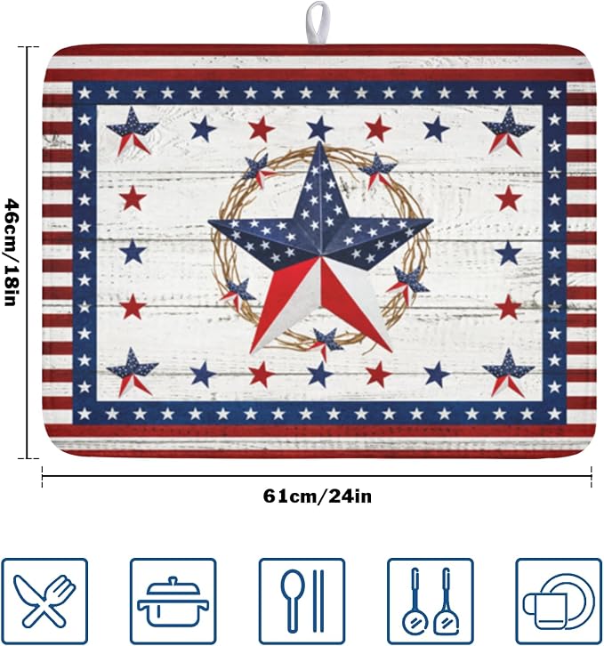 4th of July Patriotic Dish Drying Mat for Kitchen Counter Vintage Red and Blue Star Microfiber Dish Drainer Mat Country Absorbent Washable Drying Pad Extra Large 18"x24"