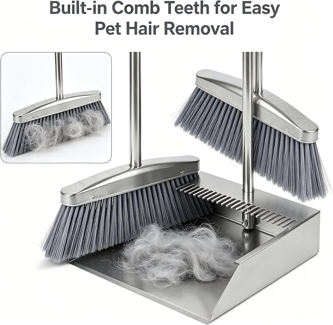 Heavy Duty 304 Stainless Steel Dustpan and Broom Set, Long Handle Self Standing Dust Pan with Wide Mouth Pet Hair Comb Teeth, Indoor Outdoor Cleaning Set for Kitchen Garage Office