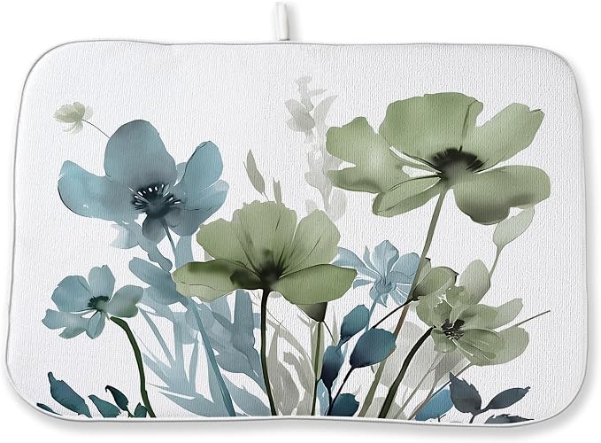 Blue Sage Green Dish Drying Mats 18x24 Inch Mats Vintage Floral Spring Drying Mats Summer Watercolor Flower Decor Seasonal Absorbent Drying Dish Mats for Kitchen Dining Room Counter Decorations