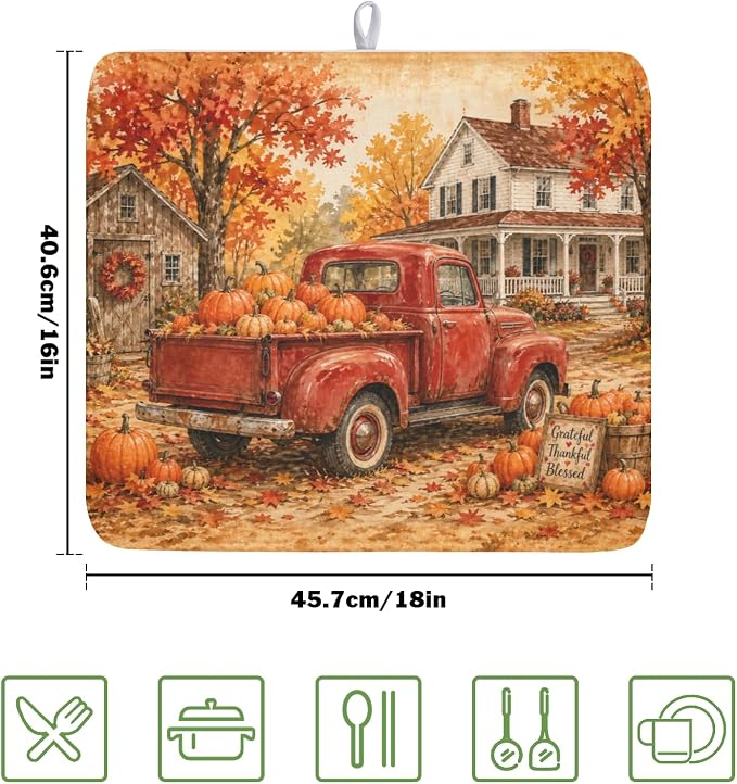 Fall Pumpkin Dish Drying Mat for Kitchen Counter Thanksgiving Autumn Harvest Pattern Microfiber Dish Drainer Mat Vintage Rustic Farmhouse Absorbent Washable Drying Pad 16"x18"