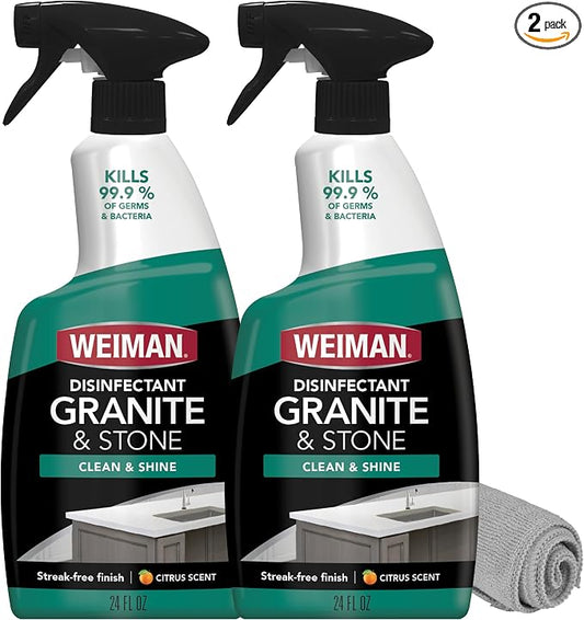 Weiman Disinfectant Granite Daily Clean & Shine (2 Pack with Polishing Cloth) Safely Clean Disinfect and Shine Granite Marble Soapstone Quartz Quartzite Slate Limestone Corian Laminate Tile Countertop