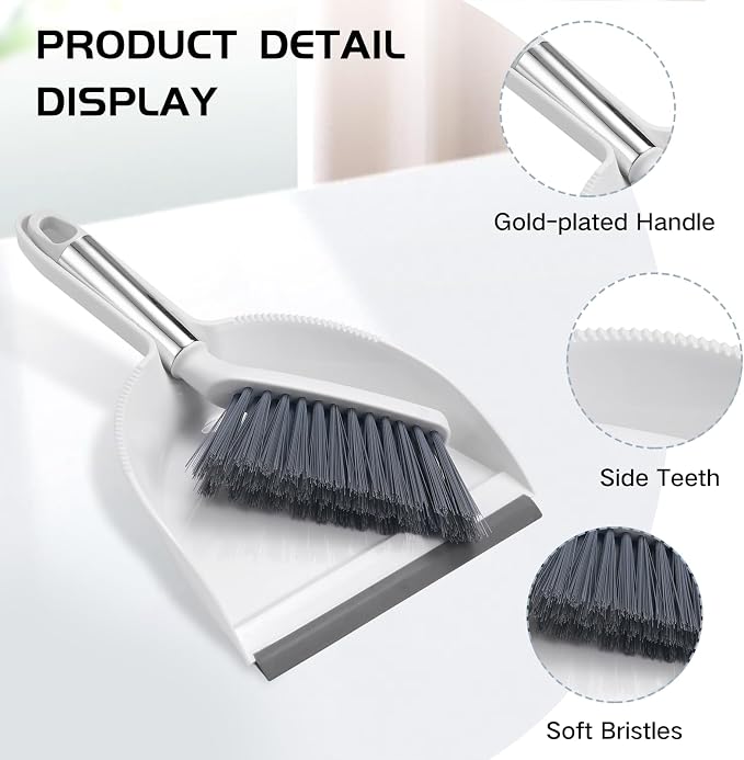 NACENA Mini Broom and Dustpan Set, Small Dust Pan and Brush Set, White&Gray | Dust Pan and Brush Set with Handle Dustpan Teeth for Cleaning Hair Suitable for Office Desks Drawers Sofas Outdoor Camping