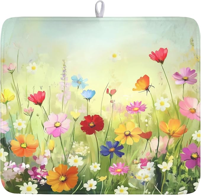 Spring Summer Daisy Dish Drying Mat 16 x 18 Inch Colourful Floral Pattern Dish Drainer Rack Mat Absorbent Microfiber Mats Holiday Dish Pad for Kitchen Coffee Dining Bar Decor
