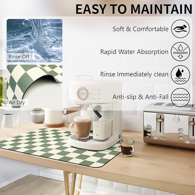 Dish Mat Drying Kitchen Mat, ,16"x 24" Super Absorbent Kitchen Dish Drying Pad for Countertop, Easy to Clean Drainer Mats with Non-slip Rubber Backed for Kitchen Counter,Green Checkered