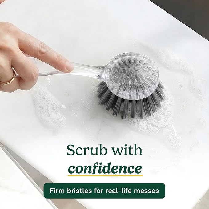 Cuisinart Dish Brush with Handle, 2 Pack, Firm Bristles | Multi-purpose dish scrubber for plates, pots, and pans, deep cleaning removes grease, safe for nonstick, round head