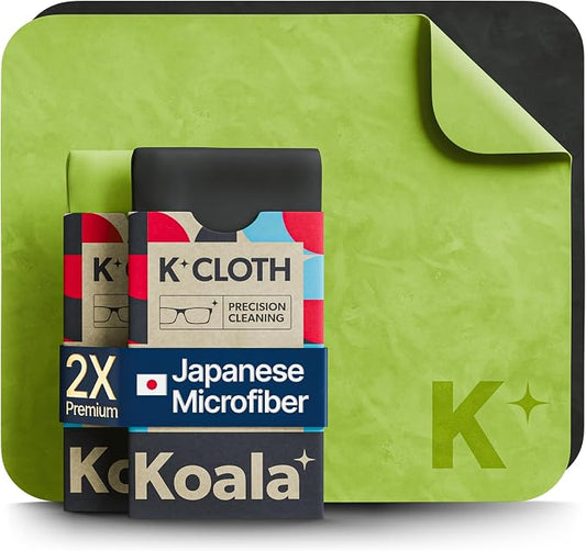 Koala Lens Cleaning Cloth | Japanese Microfiber | Black & Green (Pack of 2) | Glasses Cleaning Cloths | Eyeglass Lens Cleaner | Eyeglasses, Camera, VR/AR Headset, and Screen Cleaner | Washable & Reusable