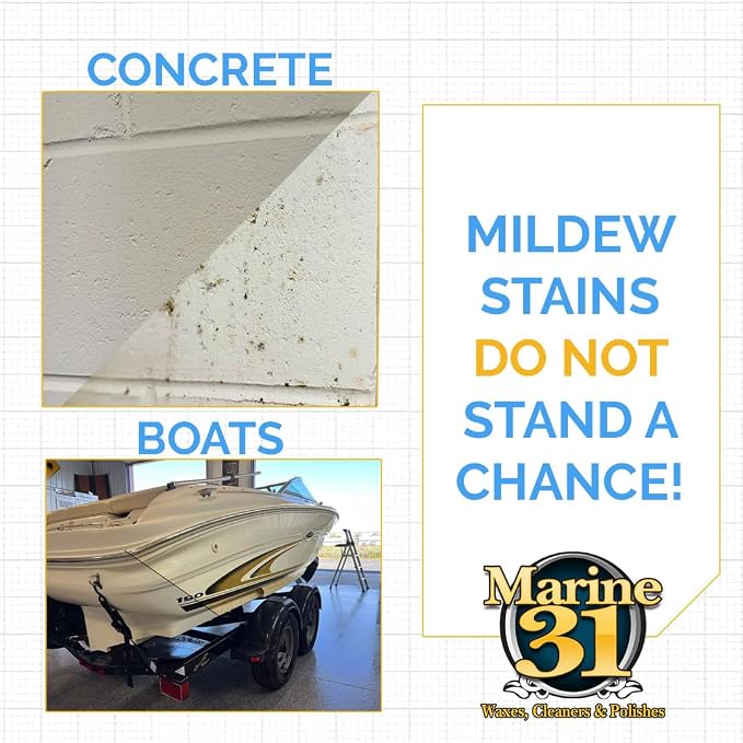 Marine 31 Mildew Stain Remover & Cleaner | Powerful Cleaning Solution for Boats, Homes & Patios | Removes Stubborn Stains from Showers, Vinyl & Fiberglass | Easy to Use | M31-372-128OZ | 128oz Gallon