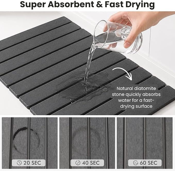 Stone Dish Drying Mat for Kitchen Counter, Large Quick Dry Diatomaceous Earth Stone Drying Mat, Foldable Water Absorbent Dish Drying Mat for Dishes, Cups, Bottles, Kitchen Sink & Countertop (Grey)