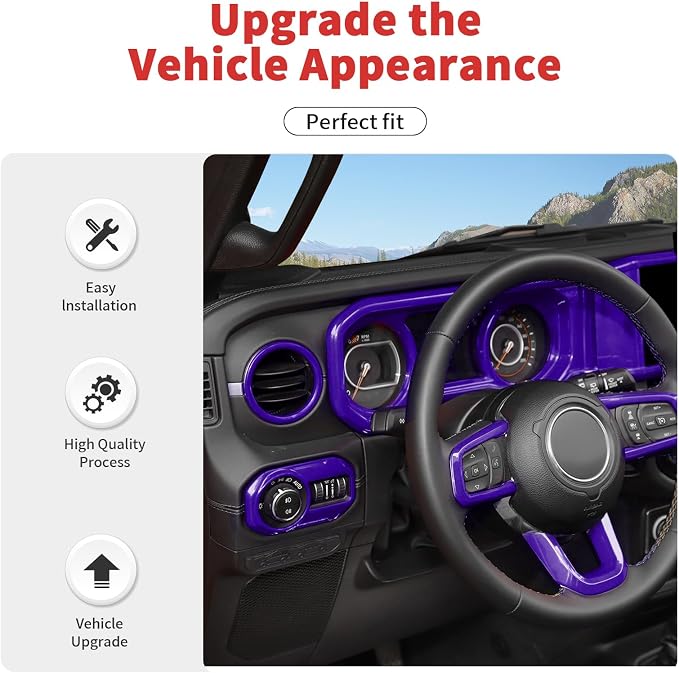 21PCS Full Set Interior Trim Kit for 2024-2026+ Jeep Wrangler JL JLU & Jeep Gladiator JT, Dashboard Side Outlet Door Handle Bowl Headlight Switch Roof Reading Light Cover (Purple)