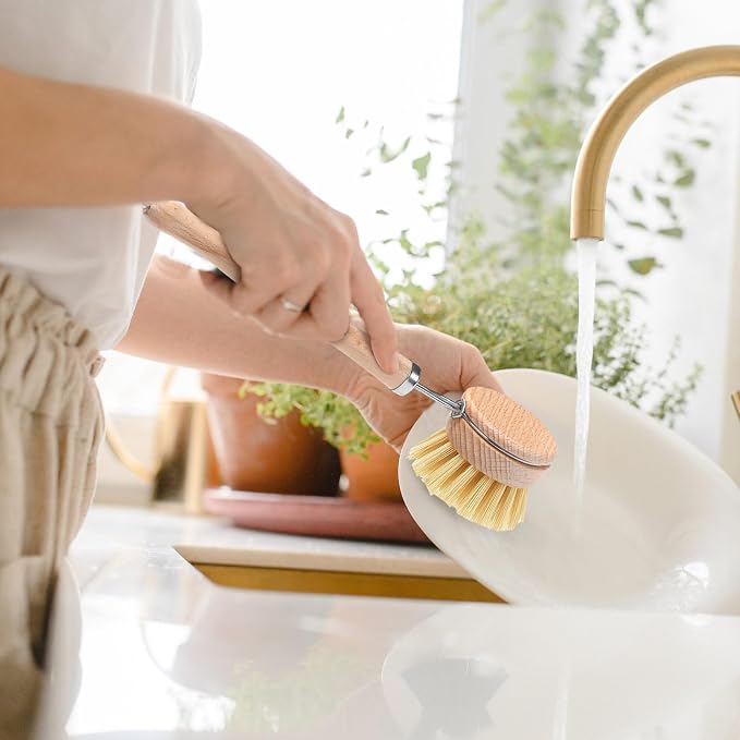 Boao 6 Pack Dish Brush with Beechwood Handle with Replacement Heads Natural Wood Dish Scrub Brush for Washing and Cleaning Pots and Pans