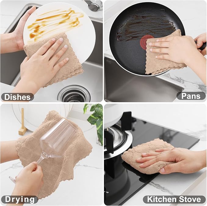 Homaxy 24 Pack Kitchen Dish Cloths (10 x 10 Inches, Tan), Super Soft and Absorbent Coral Velvet Dish Towels, Nonstick Oil Fast Drying Microfiber Cleaning Cloth, No Lint Household Dishcloths