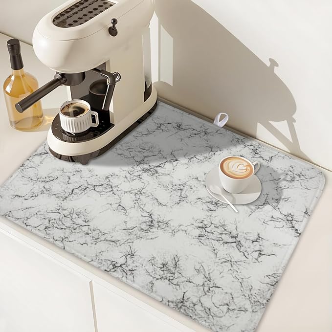 White Grey Marble Dish Drying Mat for Kitchen Counter Modern Marble Pattern Microfiber Dish Drainer Mat Absorbent Washable Drying Pad Extra Large 18"x24"