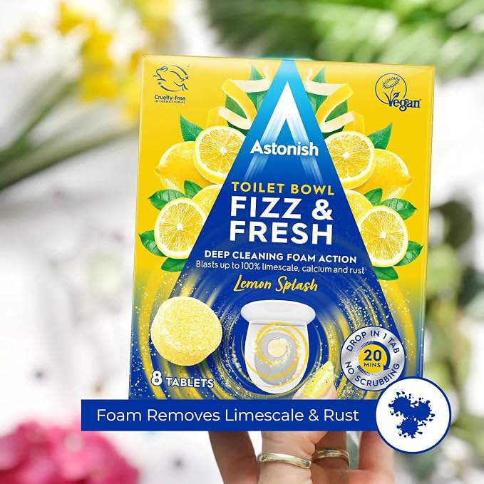 Astonish Foaming Lemon Splash Toilet Bowl Cleaner - Deep Cleaning Limescale, Calcium & Rust - No Bottle, Removes Hard Stains - 16 tablets (2 Boxes of 8)
