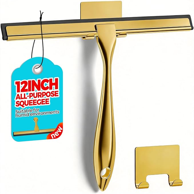 ALFLOD 12" Shower Squeegee for Glass Doors, Tile Walls, Car Windows, Gold | Bathroom accessories, new home essentials, silicone blade, metal handle, adhesive hook, household tool, multipurpose cleaner