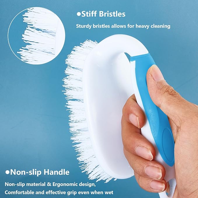 Scrub Brush Set, 4 Pack Deep Cleaning Brush Kit, Blue | 2 Scrub Brush, 2 Tile & Grout Brush with Built-in Scraper, Household Commercial Scrubber for Floor, Shower, Pool Wall, Tub