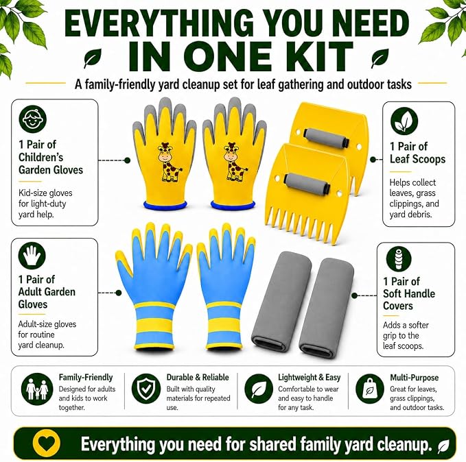 Leaf Scoops Hand Rakes, Leaf Claws & Leaf Grabbers for Yard Work with Adult & Kids Garden Gloves, Soft Handle Covers, Family Yard Cleanup Kit for Leaves and Grass Clippings