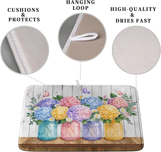 Hydrangea Dish Drying Mat for Kitchen Counter Spring Summer Floral Vases dish mat Microfiber Absorbent Dish Drainer Pad Rustic Farmhouse Floral Wooden Board Dish Draining Mats 16x18 Inch