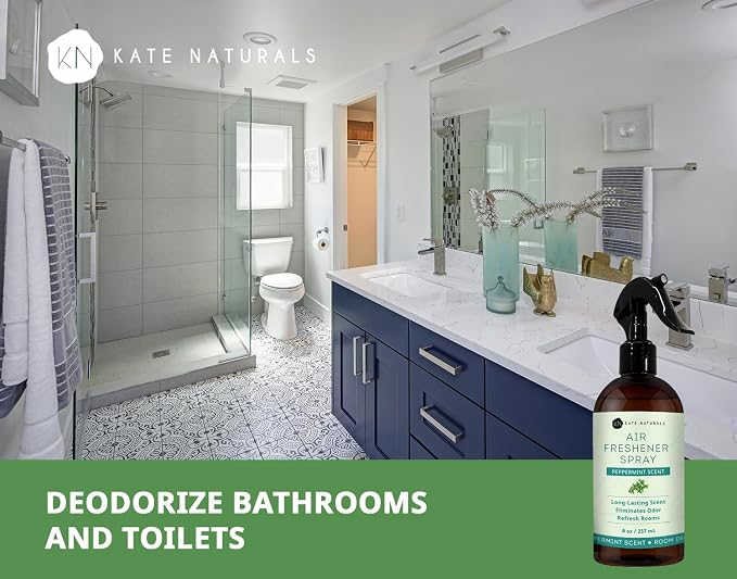 Kate Naturals Peppermint Air Freshener Spray for Room & Car with Natural Mint. Odor Eliminator Peppermint Spray for Bathroom & Linen (8 fl oz, Pet Safe, Non Toxic) | Pet Safe, Non Toxic, Natural Mint Odor Eliminator Peppermint Spray for Bathroom & Linen