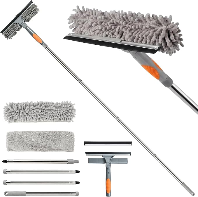 67" Window Squeegee for Window Cleaning with Extension Pole, 3-in-1 | Rotatable Lock Design,Stainless, Professional Window Cleaner Tool Kit for Indoor Outdoor High Windows,Car Glass,Shower Doors