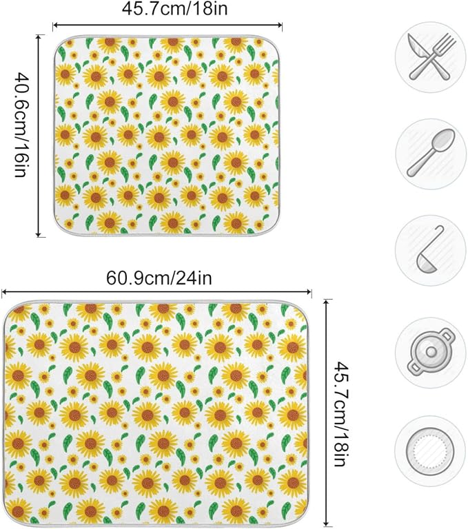 Absorbent Dish Drying Mat for Kitchen Counter - Cute Sunflower Flowers Microfiber Drying Pad, Reversible Drainer Mats for Countertop, Lager 18 x 24 inch