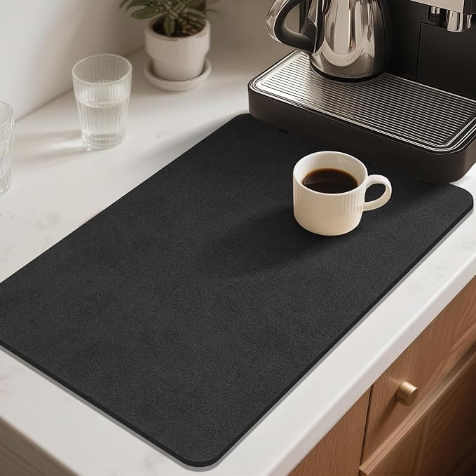 Findosom Dish Drying Mat, 16"x 24" Super Absorbent & Hide Stain Coffee Mat, Cuttable Drying Mat for Kitchen Counter, Coffee Bar Accessories, Under Dish Rack, Coffee Maker, Espresso Machine, Black-2