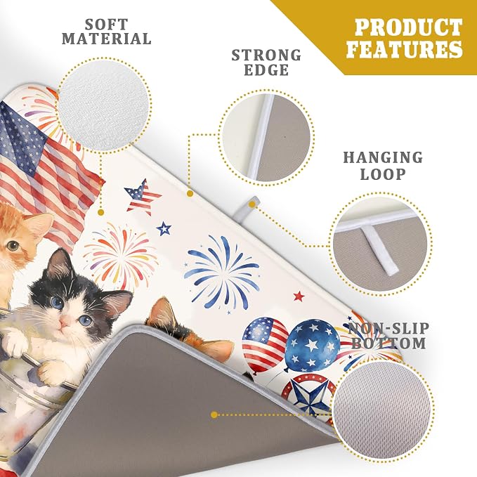 Vintage Patriotic Dish Drying Mat Cute Cats American Flag Drying Matt Kitchen Counter for Home Decor