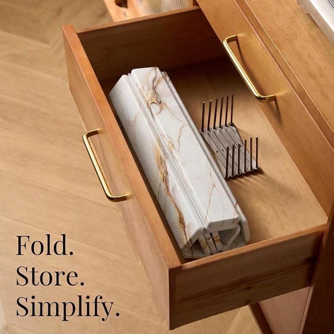 Diatomaceous Stone Dish Drying Mat with Collapsible Steel Rack - Quick Dry Kitchen Counter Set, Space Saving Foldable Dryer (White Marble, 23.6" x 15.3")