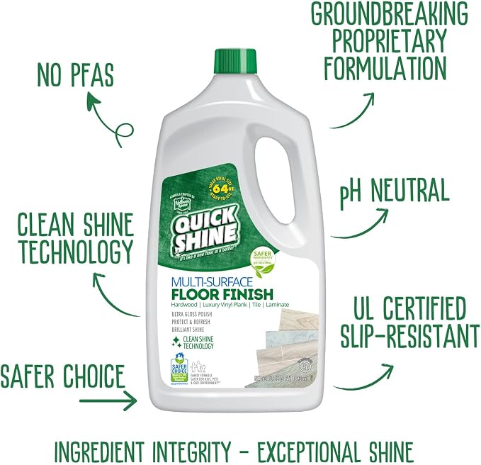 Quick Shine Multi-Surface Floor Finish 64 oz-4 Pk, Deep Rich Shine | Polish Restores, Protects & Refreshes Floors, Streak & Haze Free, Non-slip, pH Neutral, No PFAS, EPA Safer Choice