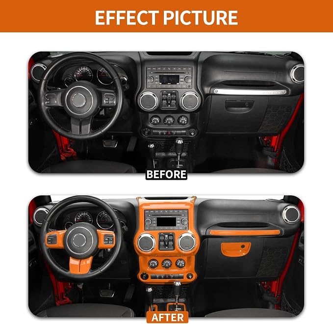 RT-TCZ for Jeep JK Interior Trim Kit Orange, JKU Center Console Dashboard Panel Trim Cover for Jeep Wrangler JK JKU 2011-2017 Orange Interior Accessories 10pcs
