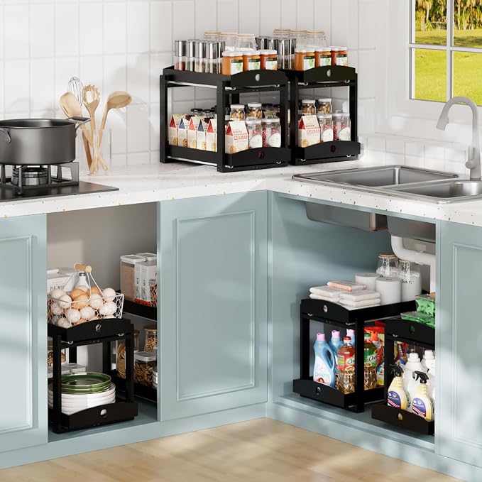 APRTAT 2 Pack Under Sink Organizer, Bamboo Wooden 2-Tier Pull-Out Storage with Sliding Drawers for Kitchen and Bathroom Cabinets, Easy Installation (Black)