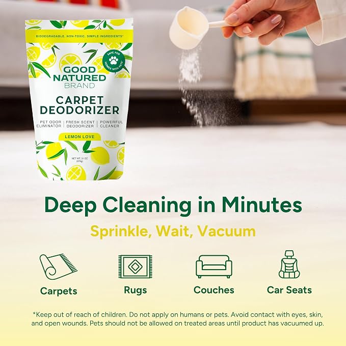 Good Natured Brand | Carpet Deodorizer & Freshener Powder | 31 oz Pet Odor Eliminator for Strong Odor & Pet Urine | Fresh Natural Lemon Scent | Safe for Homes with Pets