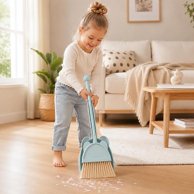 Kids Broom and Dustpan Set, Mini Toddler Broom for Pretend Play Cleaning, Child-Sized Little Housekeeping Helper Set, Blue