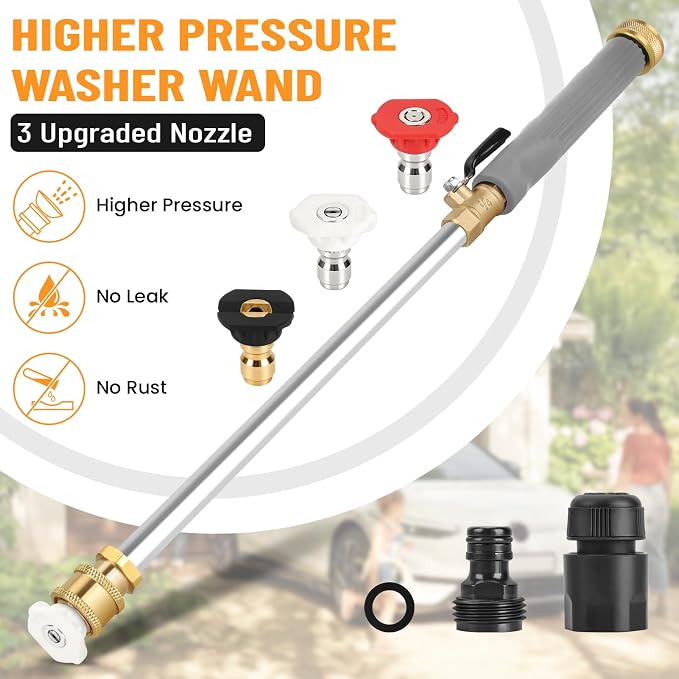 2026 Upagraded Jet Nozzle Power Washer for Garden Hose, Pressure Washer Wand with 3 Different Nozzles and Hose Quick Connectors for Car, Patio,Pet,Window, Grey